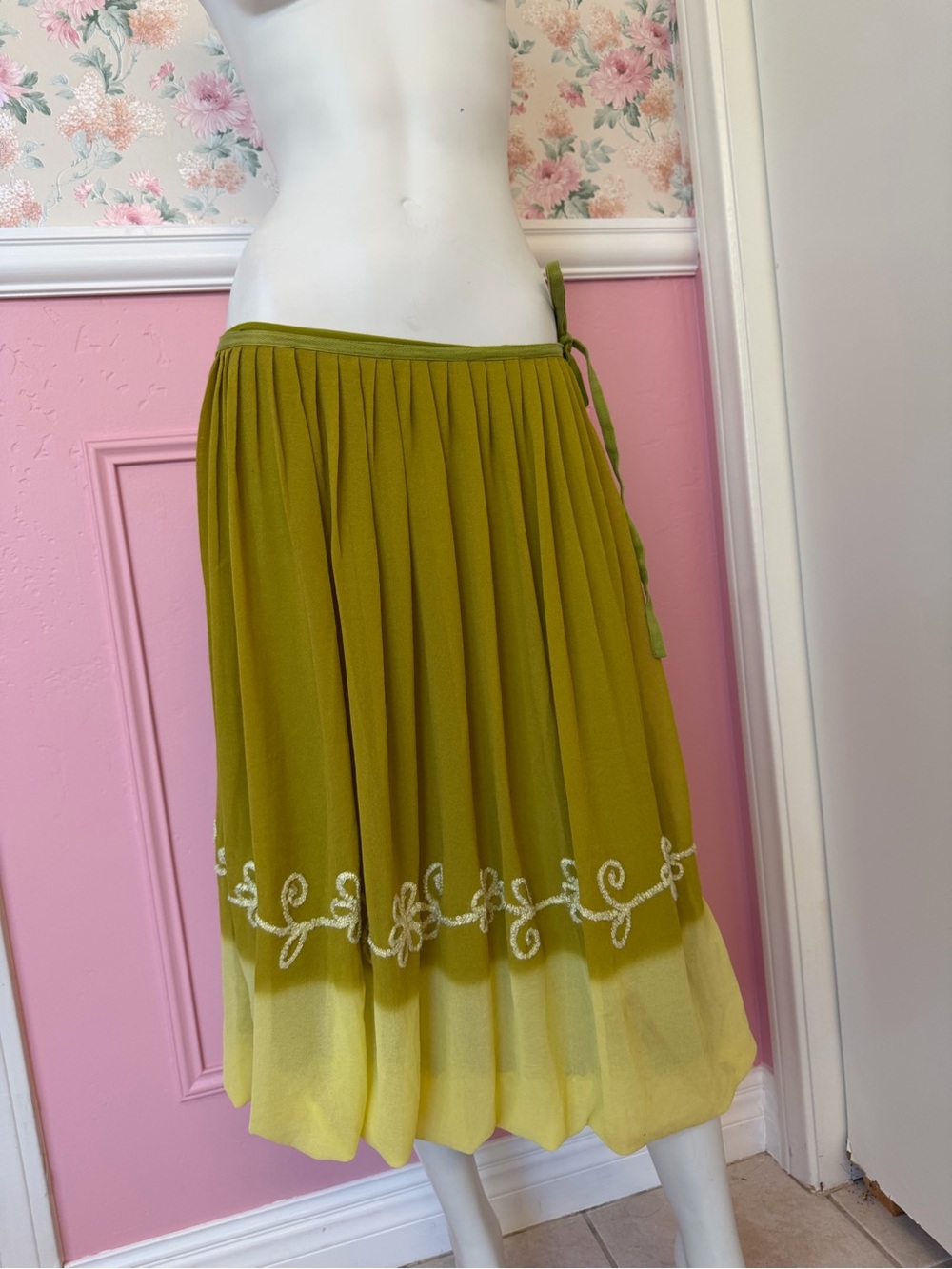 Anthropologie Olive Green Ombre Midi Skirt with White Embroidery